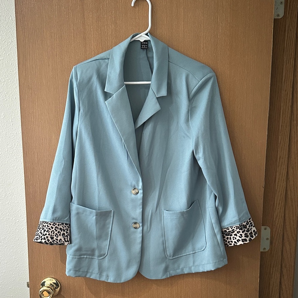 Women's Blue Blazer with Leopard Print Cuffs